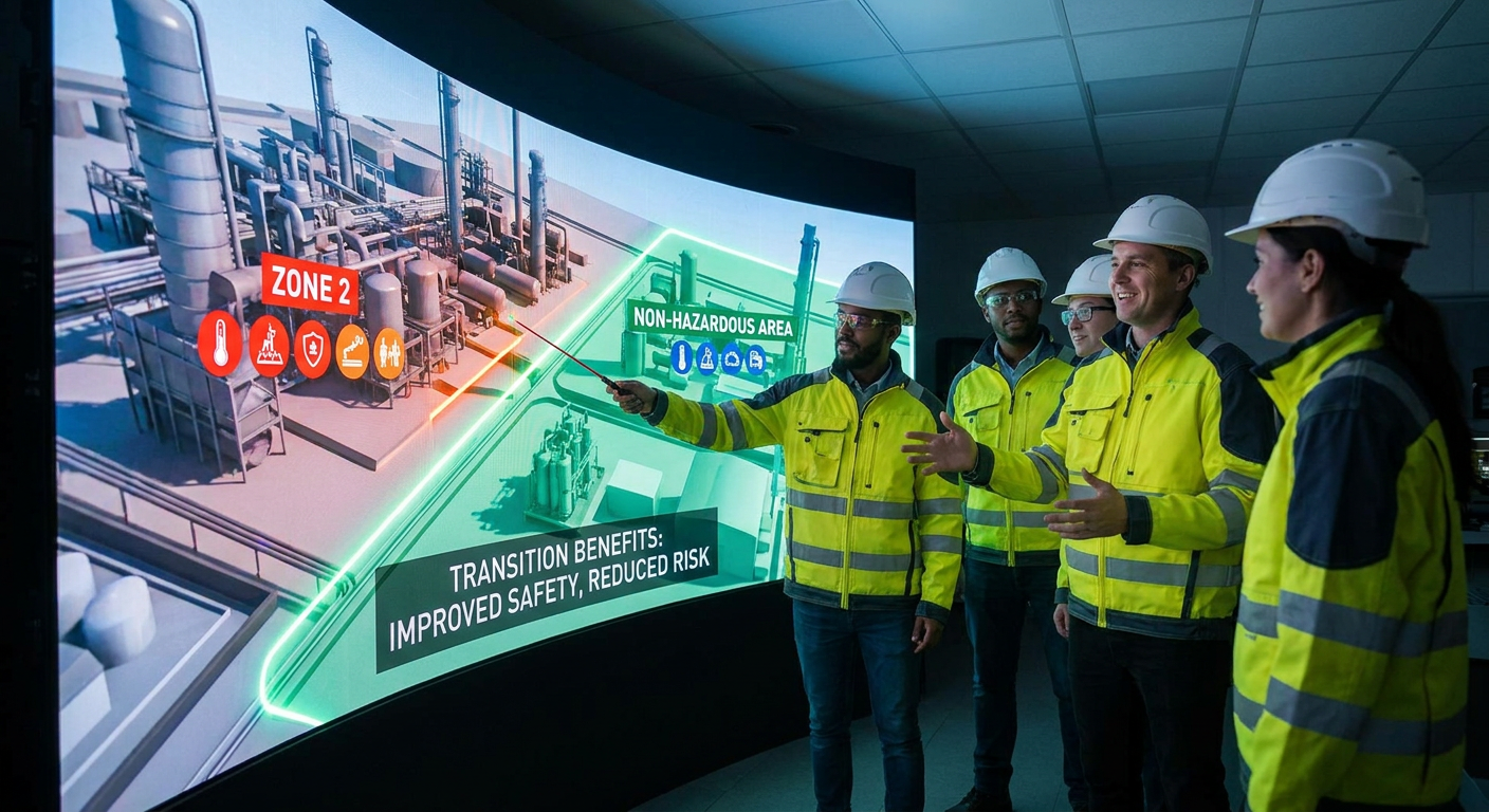 A team of engineers in a control room, looking at a large screen displaying a 3D model of a hazardous area plant.