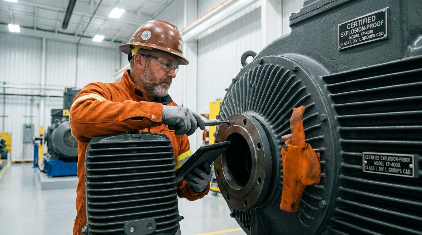 An engineer inspecting an explosion-proof motor enclosure.