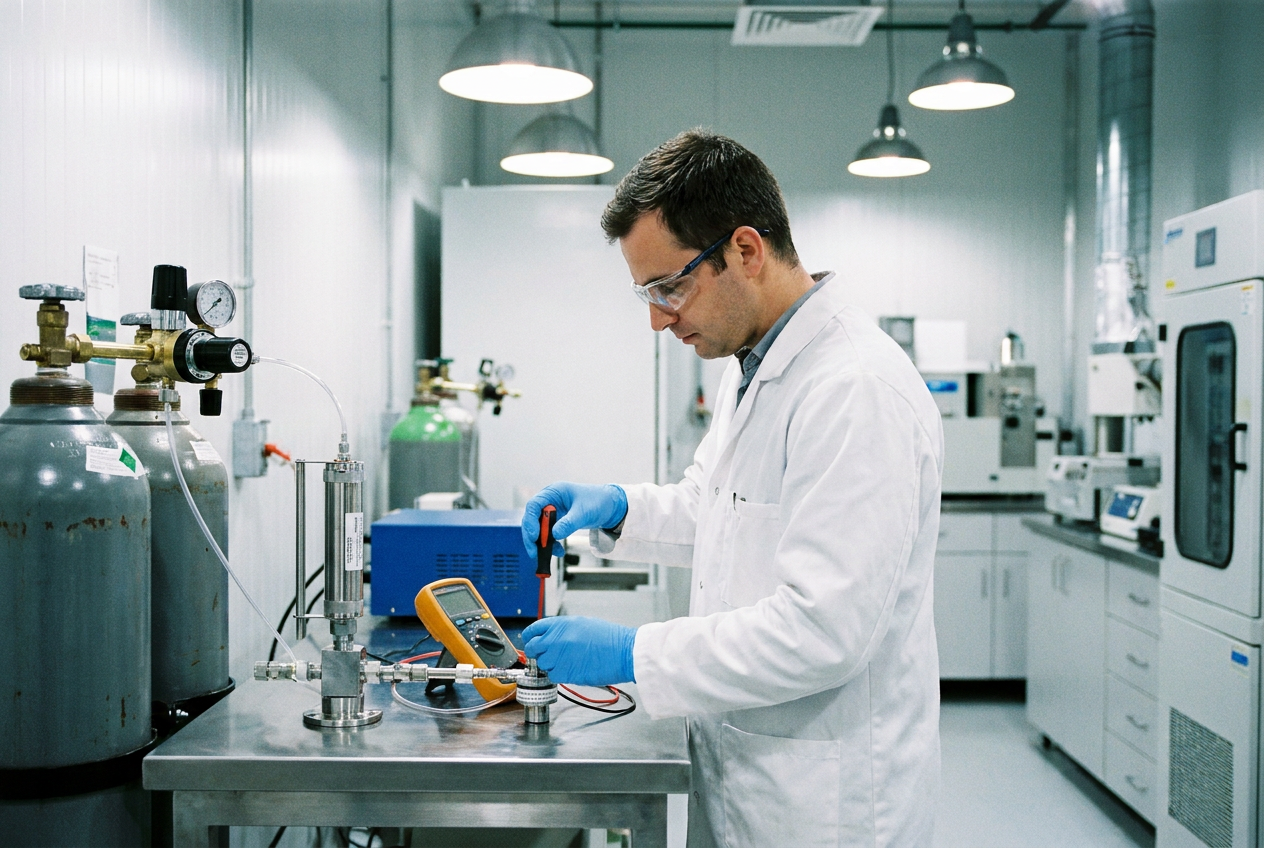 A technician calibrating a catalytic gas sensor.