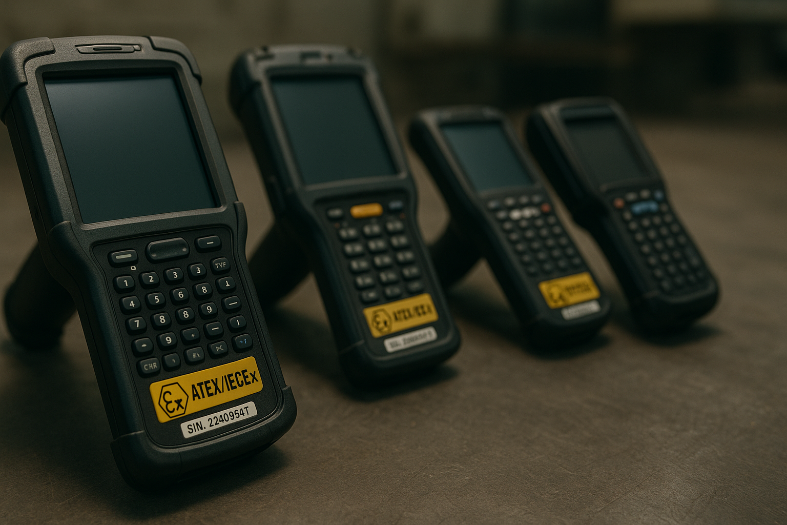 ATEX-certified handheld terminals on a bench