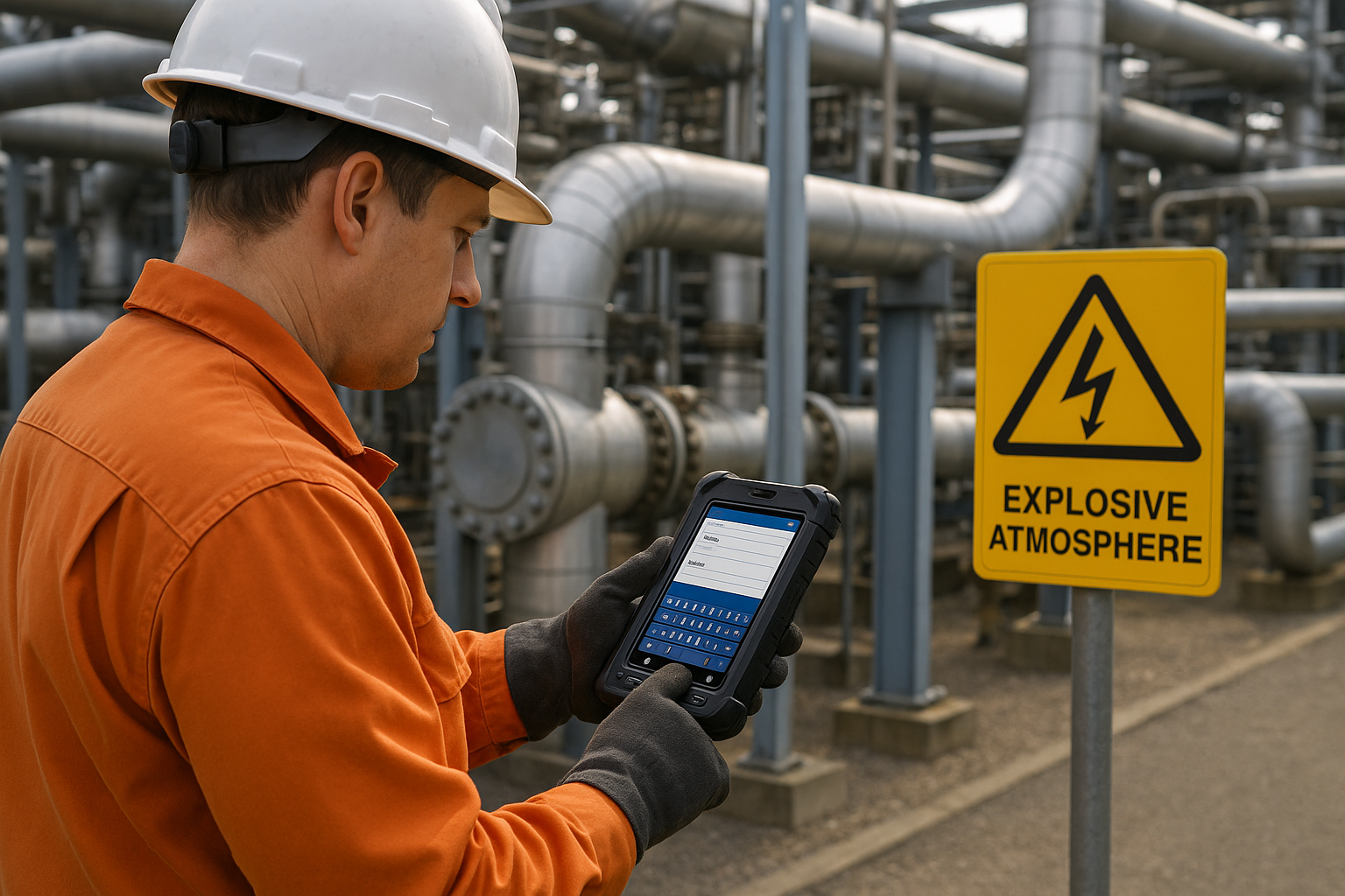 Field technician using ATEX-certified handheld terminal in an oil and gas plant