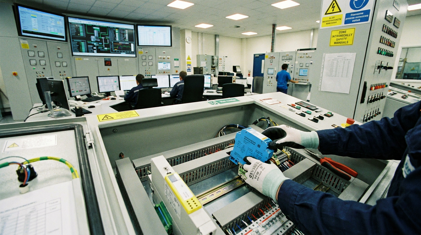 A technician's hands installing an intrinsically safe barrier in a control panel.