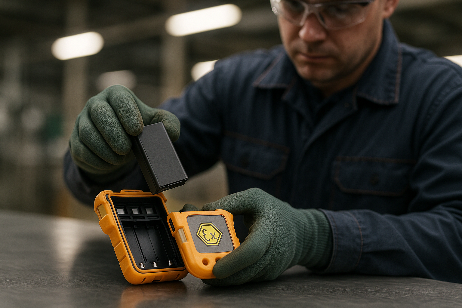 Technician replacing battery in Ex-certified gas detector