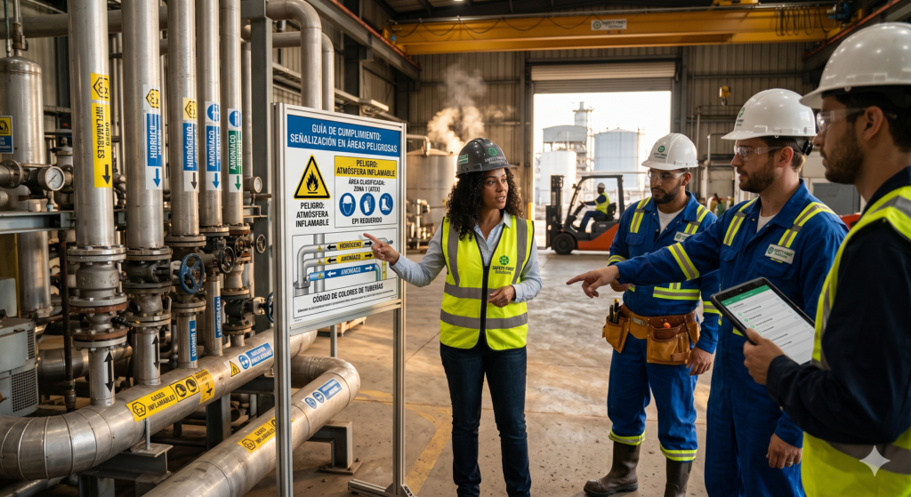 A professional industrial safety manager in a high-visibility vest points to a detailed compliance poster regarding hazardous area signage. She is training a group of technicians and engineers in hard hats within a complex industrial facility featuring labeled piping systems, technical equipment, and a forklift in the background.