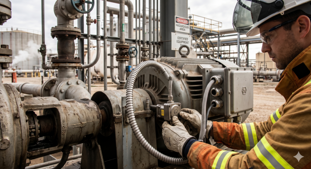 A technician wearing a hard hat and protective gear inspects a certified vibration sensor mounted on a large electric motor at an industrial plant with outdoor piping.