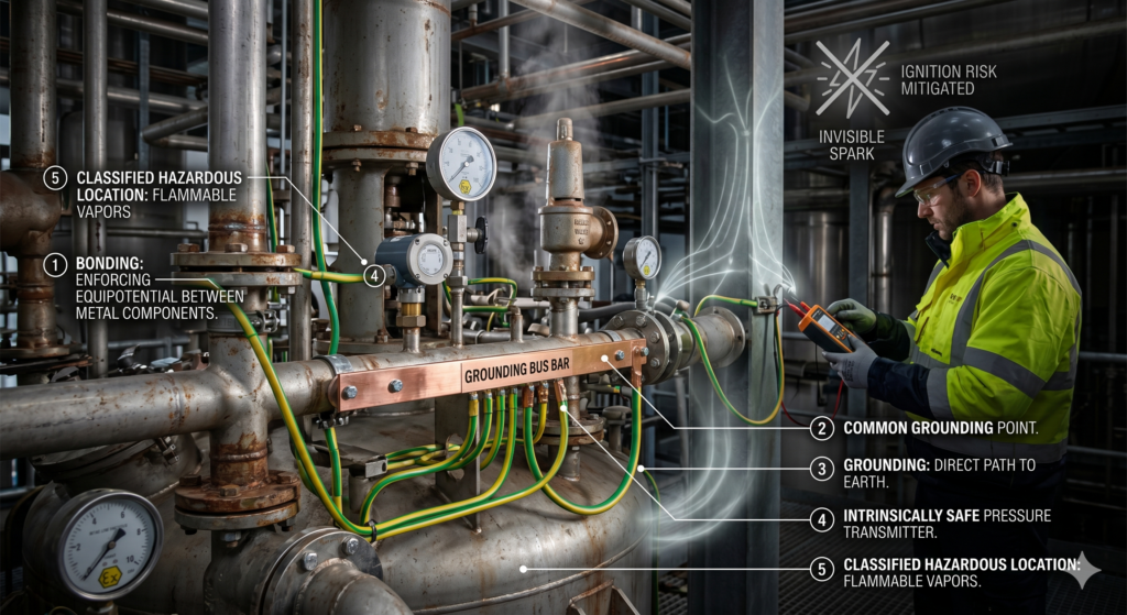 A technical industrial scene in a hazardous location showing grounding and bonding systems. A worker in PPE uses a multimeter to check continuity on a copper grounding bus bar connected with green and yellow cables to metal pipes and an intrinsically safe pressure transmitter. Overlaid text and a glowing "invisible spark" graphic illustrate the mitigation of ignition risks in an atmosphere with flammable vapors.