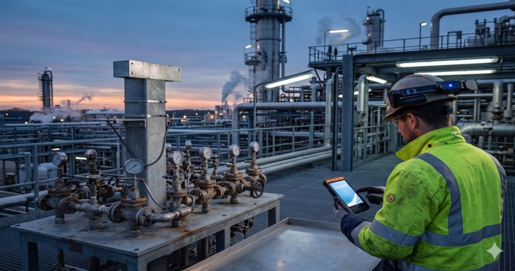 An industrial worker in a refinery at dusk, operating an intrinsically safe smartphone and wearing a certified Bluetooth headset for hazardous areas. The operator is wearing high-visibility PPE while monitoring a network of pipes and pressure gauges in a classified zone.