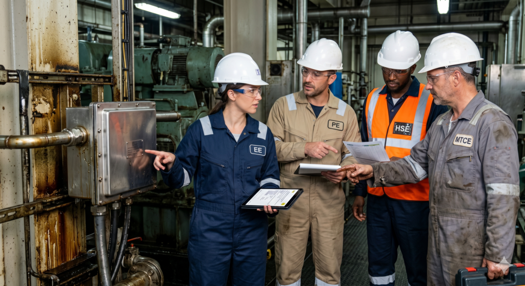 A multi-disciplinary team of industrial engineers—including electrical, process, HSE, and maintenance specialists—collaborating and inspecting a stainless steel flameproof junction box in an oily, hazardous factory environment.
