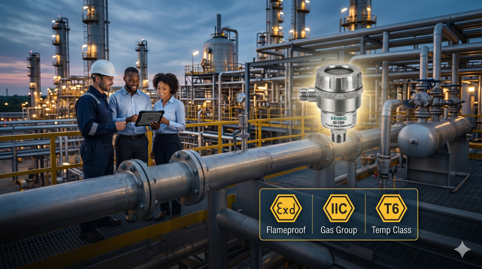 Industrial engineers at a refinery facility featuring a high-precision IECEx-certified methane sensor, with safety icons for Flameproof Ex d, Gas Group IIC, and Temperature Class T6.