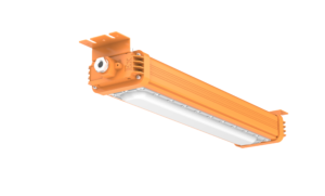 Yellow ROKEE EP-02-G25 LED explosion-proof light fixture with a rugged IP66-rated housing, designed for Class I Division 2 and ATEX Zone 2 hazardous locations.