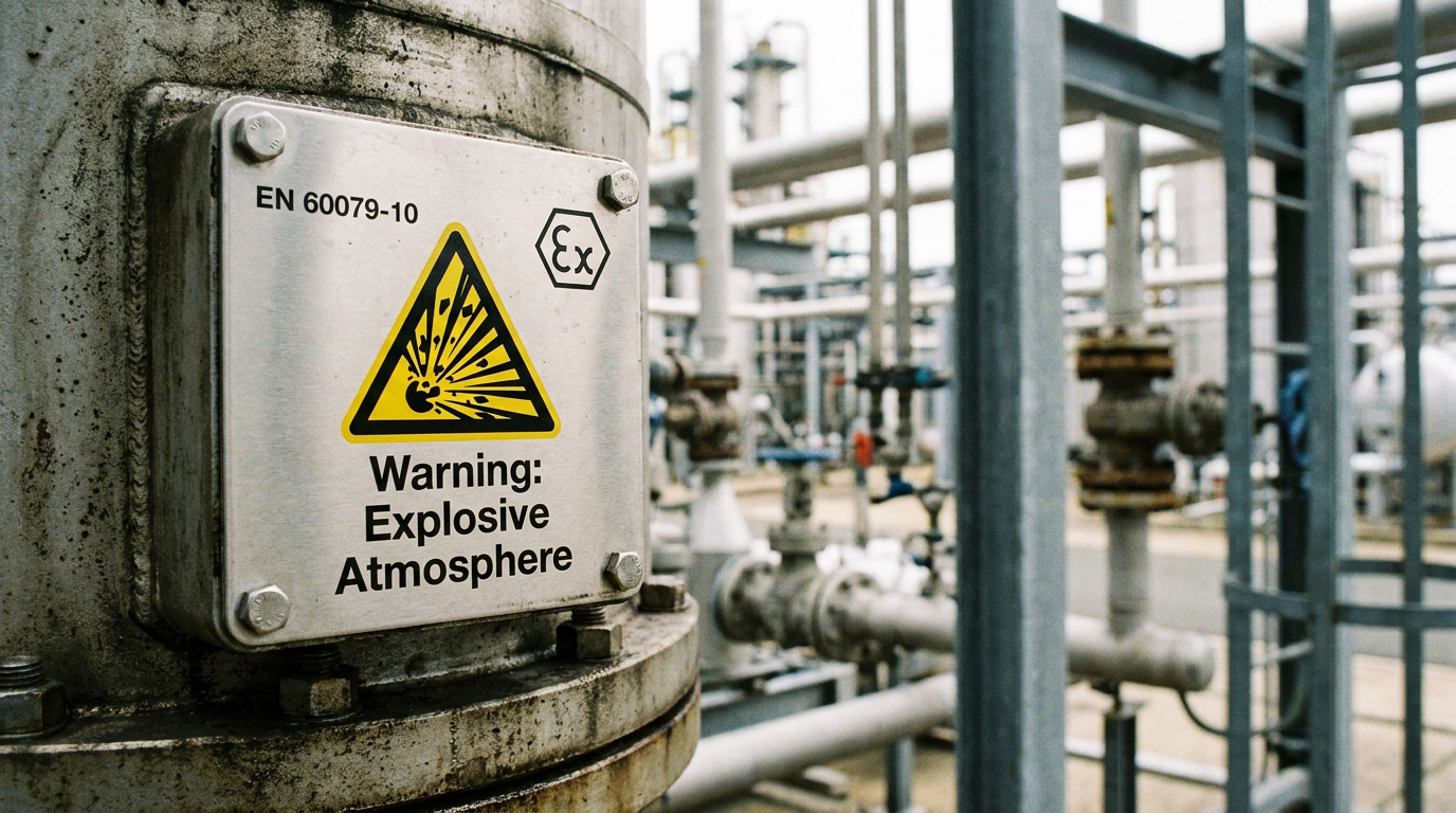 A compliant hazardous area sign on industrial equipment.