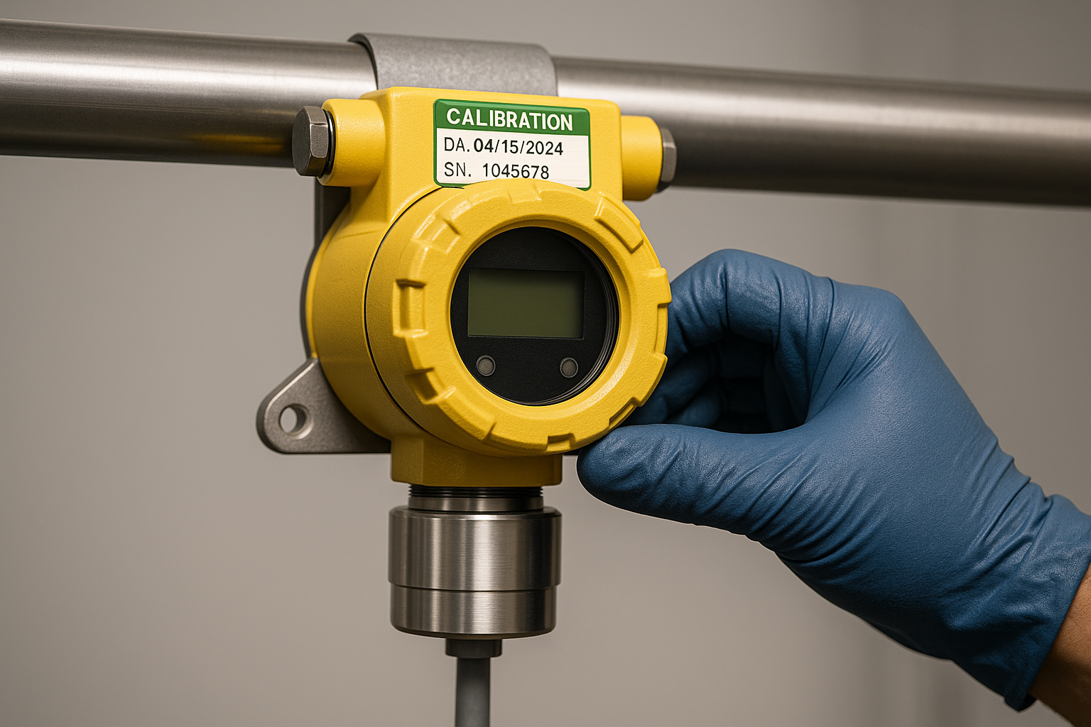Close-up of fixed gas detector with calibration sticker