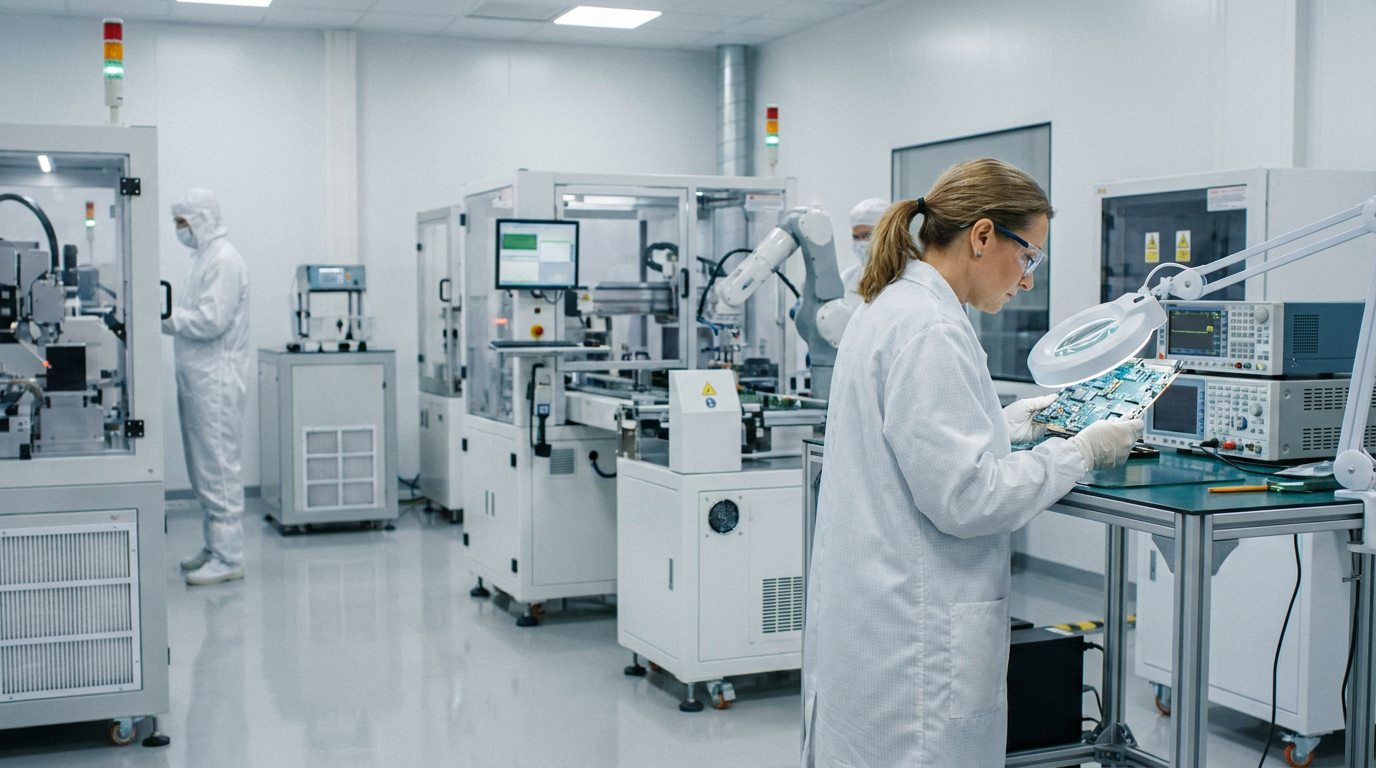 A quality control inspector examining electronic equipment in a modern manufacturing facility.