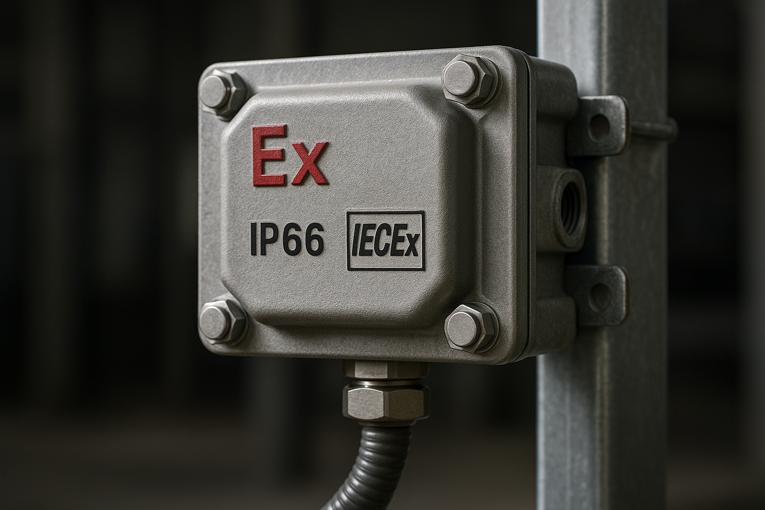 Close-up of junction box label showing IP66 and IECEx marking