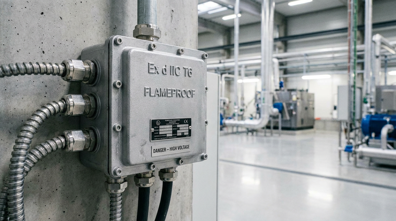 A flameproof junction box in an industrial setting.
