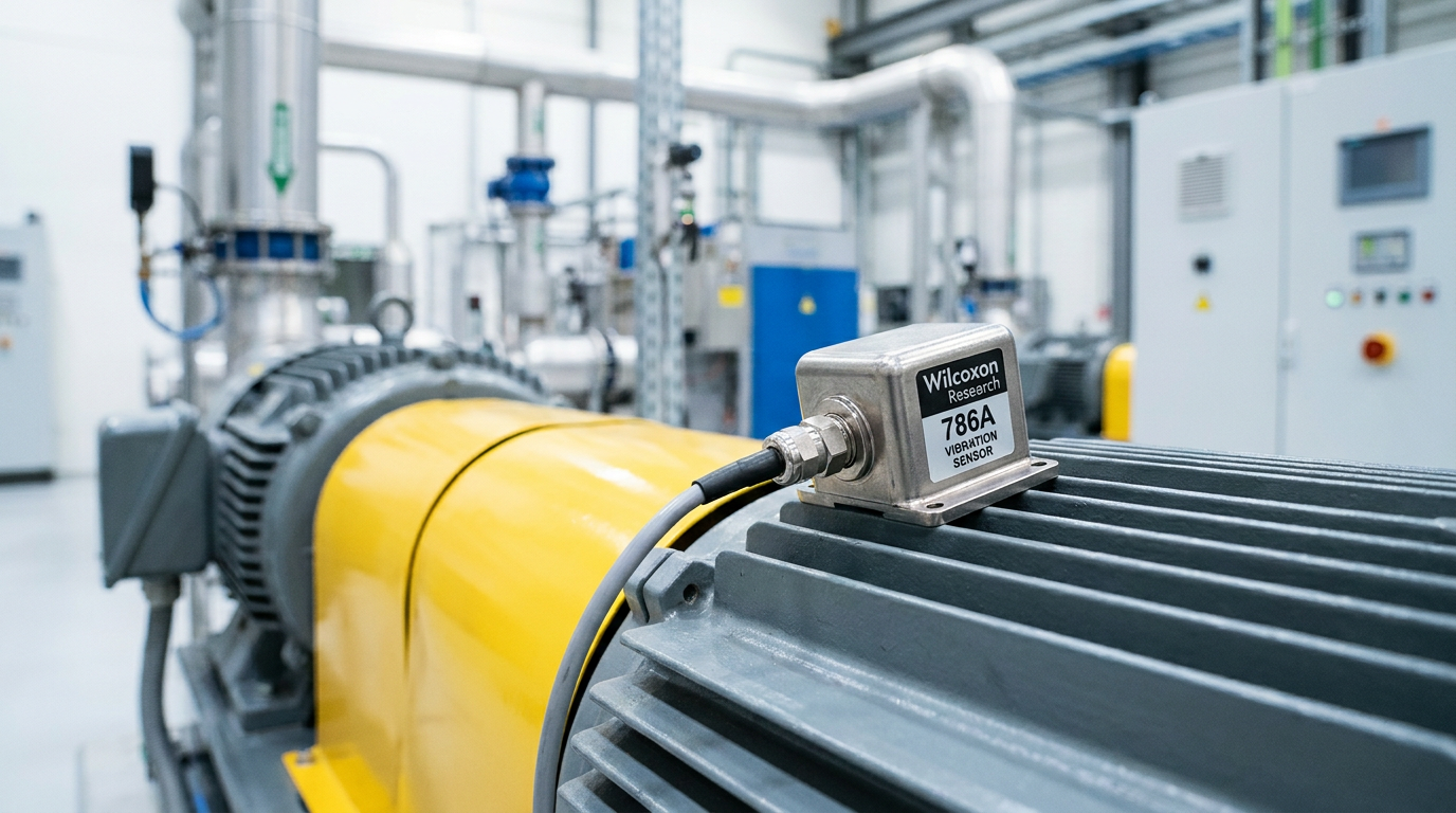 A vibration sensor mounted on an industrial motor.
