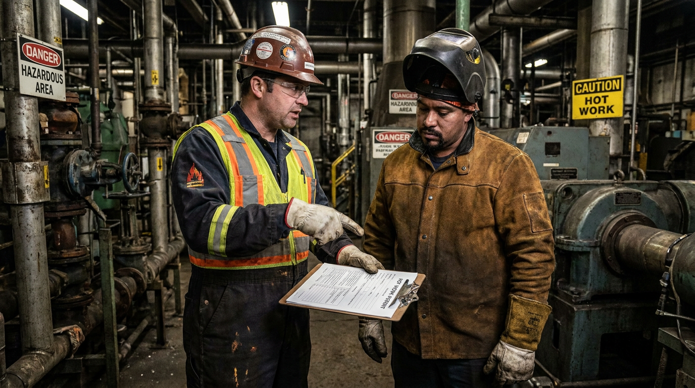 Two industrial workers discussing a hot work permit in a hazardous area.