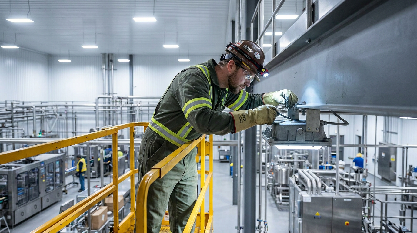 A maintenance engineer inspecting an Ex-rated light fixture.