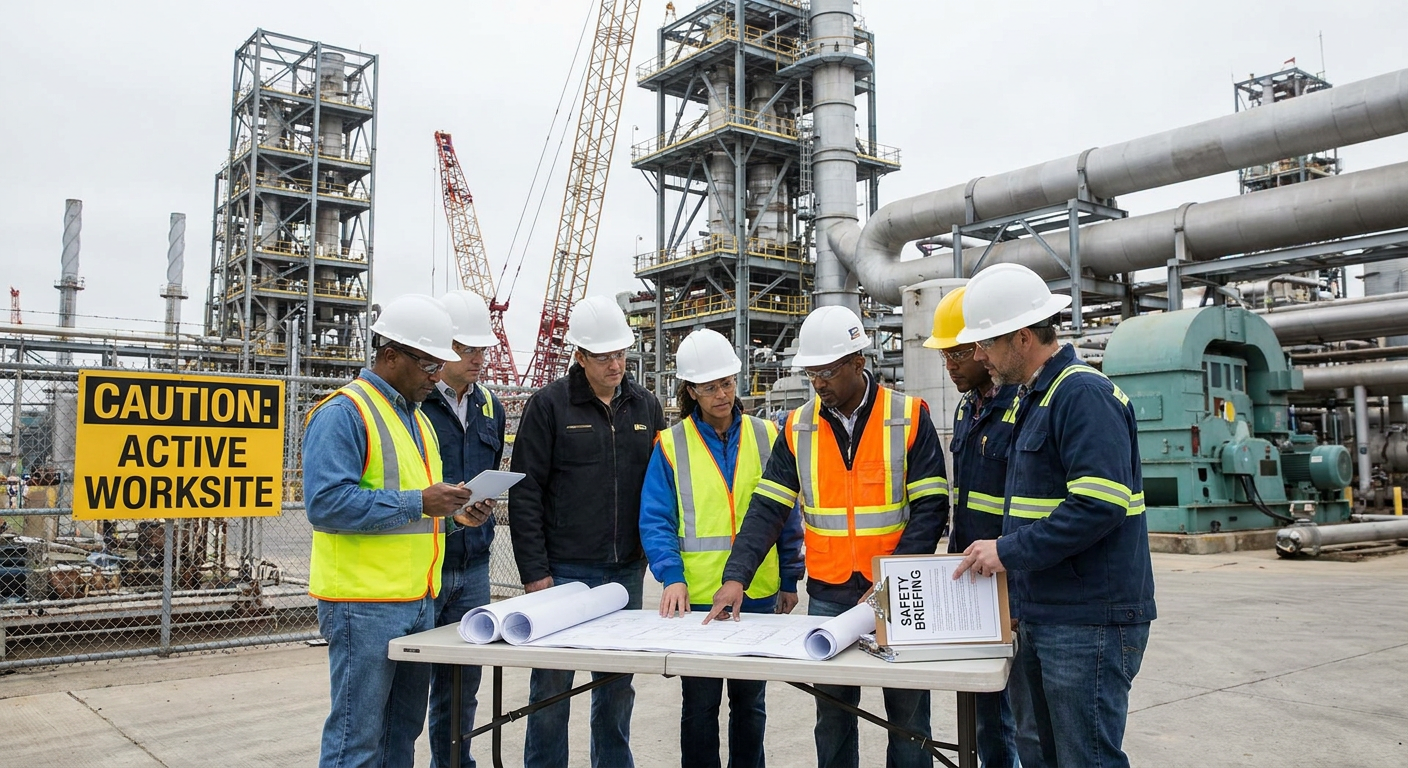 A diverse team of contractors and engineers in a pre-work safety meeting on a large industrial site.