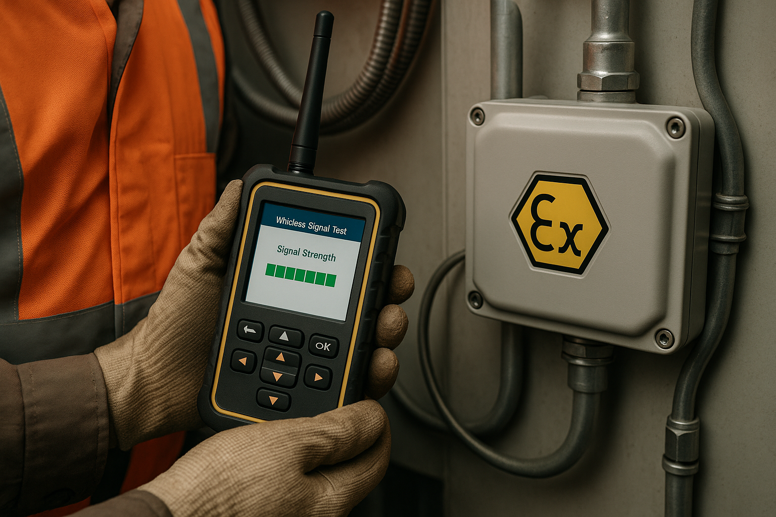 Technician installing intrinsically safe wireless gateway at refinery gantry