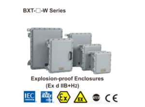WAROM BXT-W Series explosion-proof enclosures of varying sizes arranged against a white background. The heavy-duty rectangular metal housings feature prominent external bolting flanges, side mounting feet, and a black handle on the front of one enclosure.
