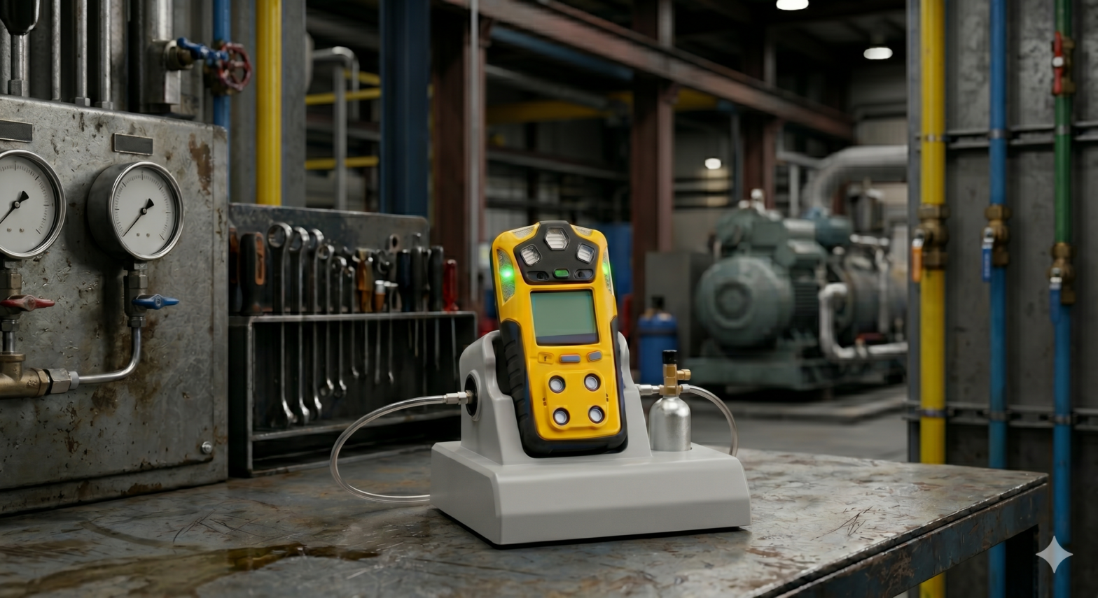 A detailed industrial workspace scene featuring a yellow portable gas detector and a calibration gas cylinder in a docking station. Surrounding elements include a tool rack, pressure gauges, and complex piping with gas and water markings, set in a well-lit workshop with large machinery. The image emphasizes professional safety monitoring in an operational environment.