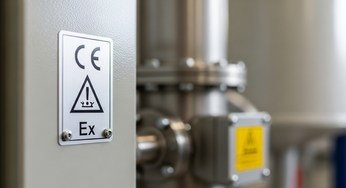 A close-up of a CE and Ex marking on industrial equipment, representing the atex directive 2014/34/eu summary of compliance.
