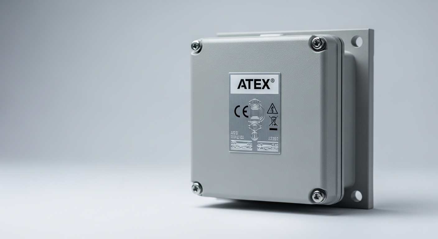 An ATEX marking explained on a certified intrinsically safe junction box in a hazardous area.