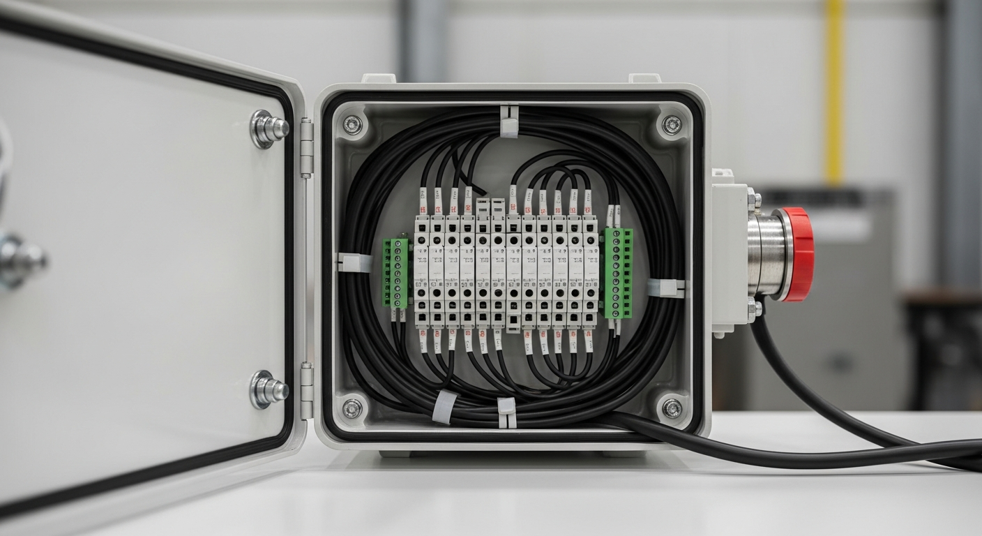 View inside a junction box showing wiring and terminals, demonstrating concepts from the sizing guide.