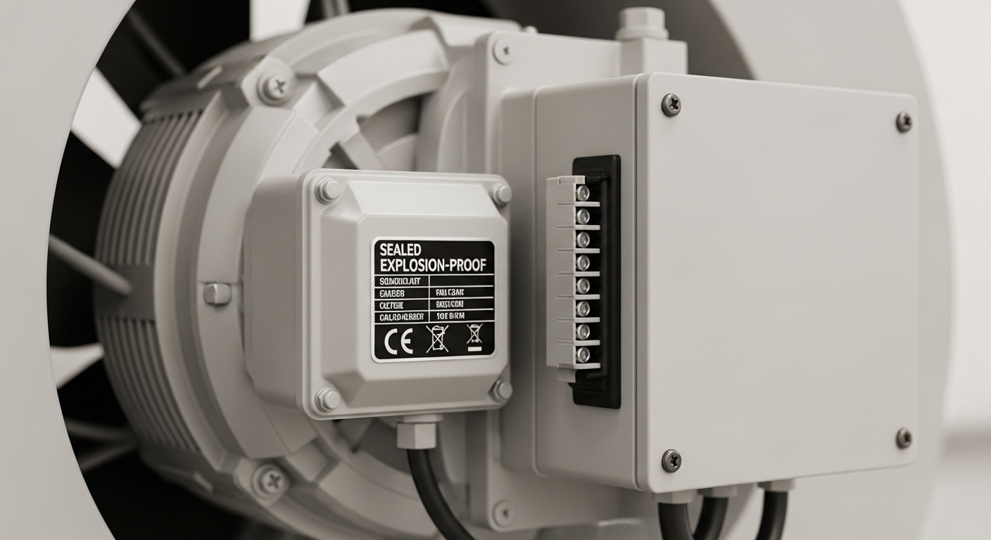 Detail of the electrical connections for an explosion proof exhaust fan installation in a hazardous area.