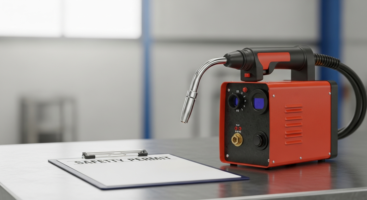 A clipboard representing a hot work permit for hazardous areas next to a welding torch.