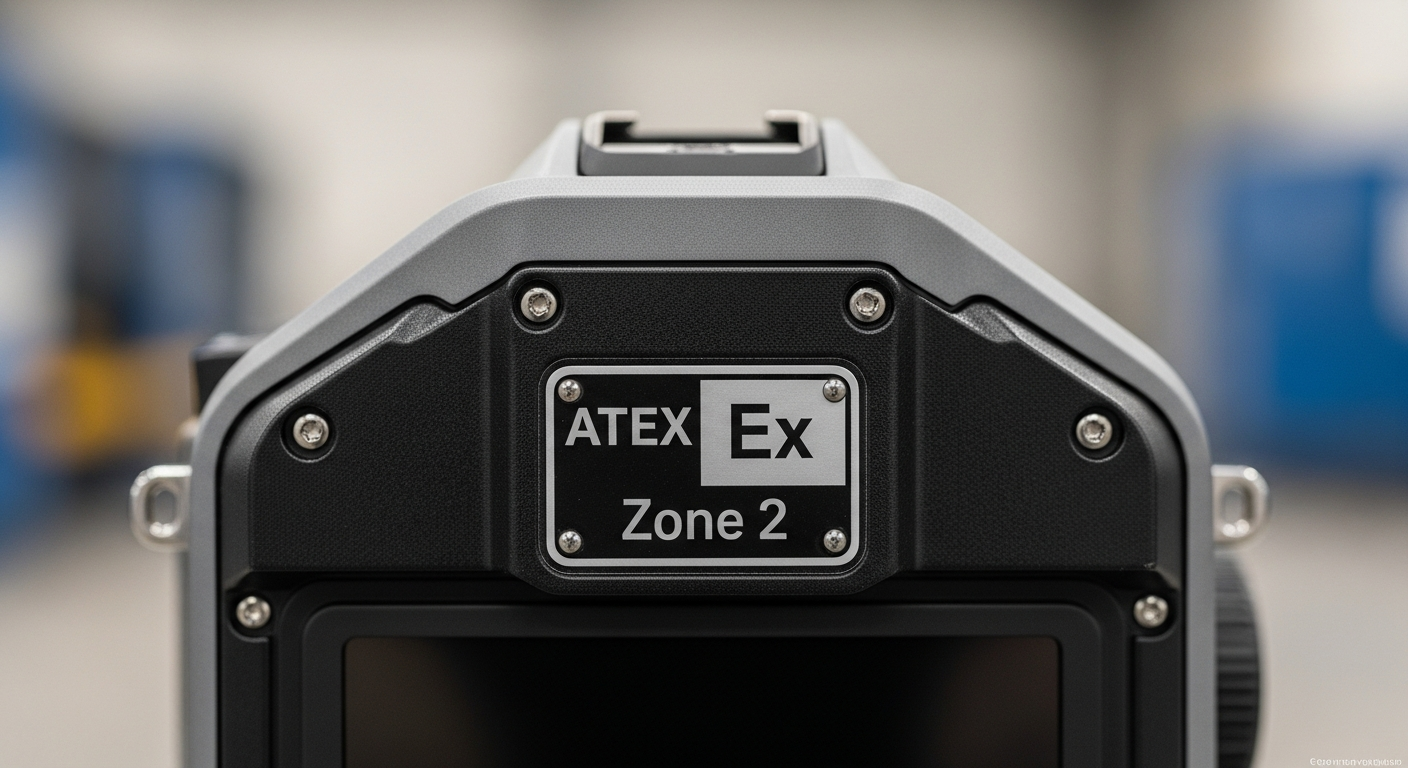 Detail of the ATEX certification markings on an intrinsically safe camera for Zone 2