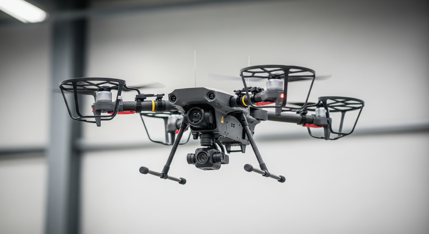 An intrinsically safe drone for inspection hovering in a hazardous area setting, ready for industrial use.