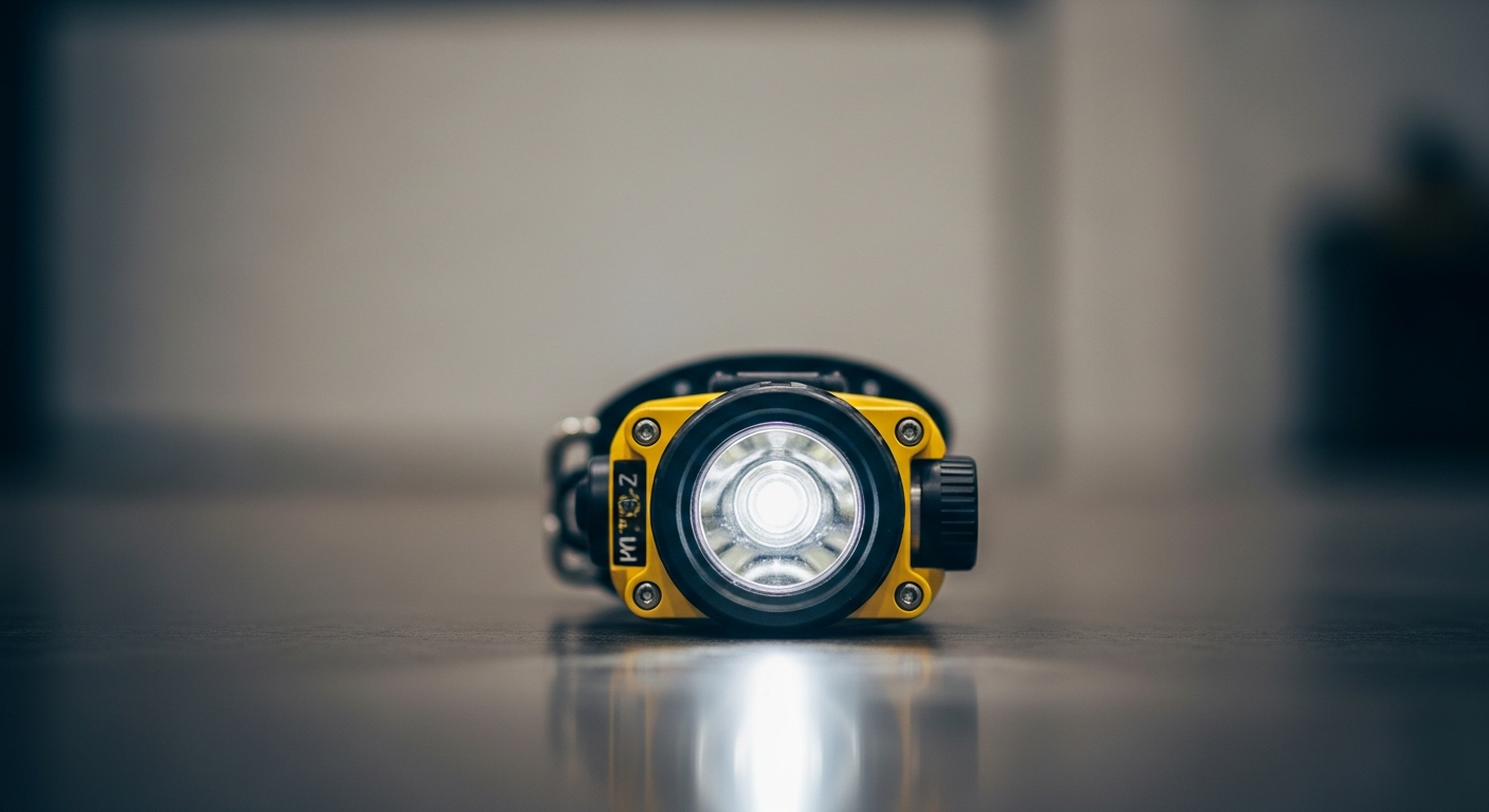 An intrinsically safe explosion proof headlamp for mining, showing its rugged construction and bright light.