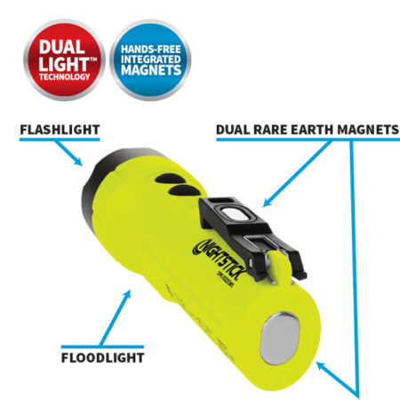 Intrinsically Safe Rechargeable Dual-Light Flashlight wDual Magnets Callouts
