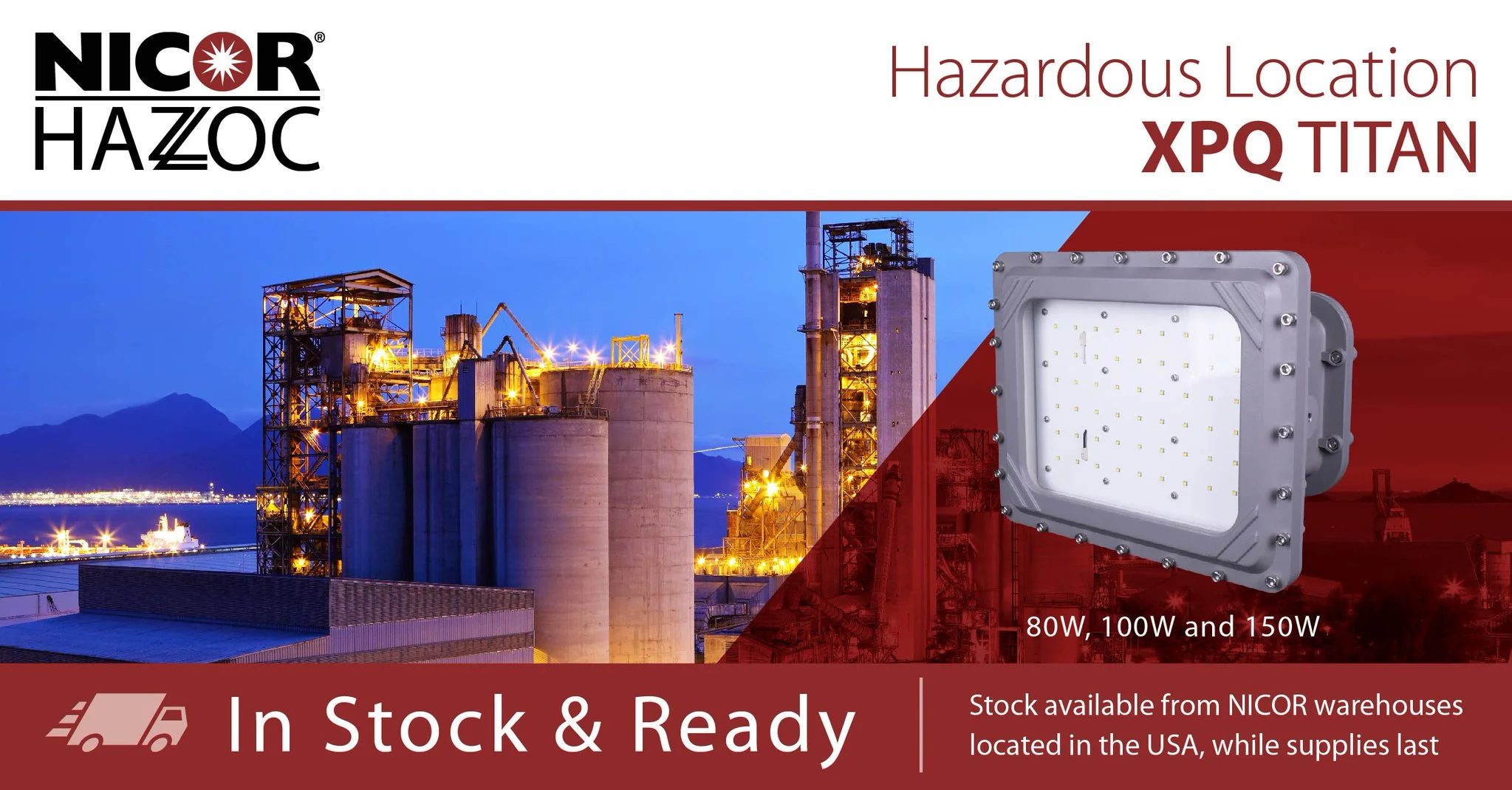 Intrinsically Safe LED Flood Light 100 Watt LED NICOR - XPQ1B100U50GRP Titan banner
